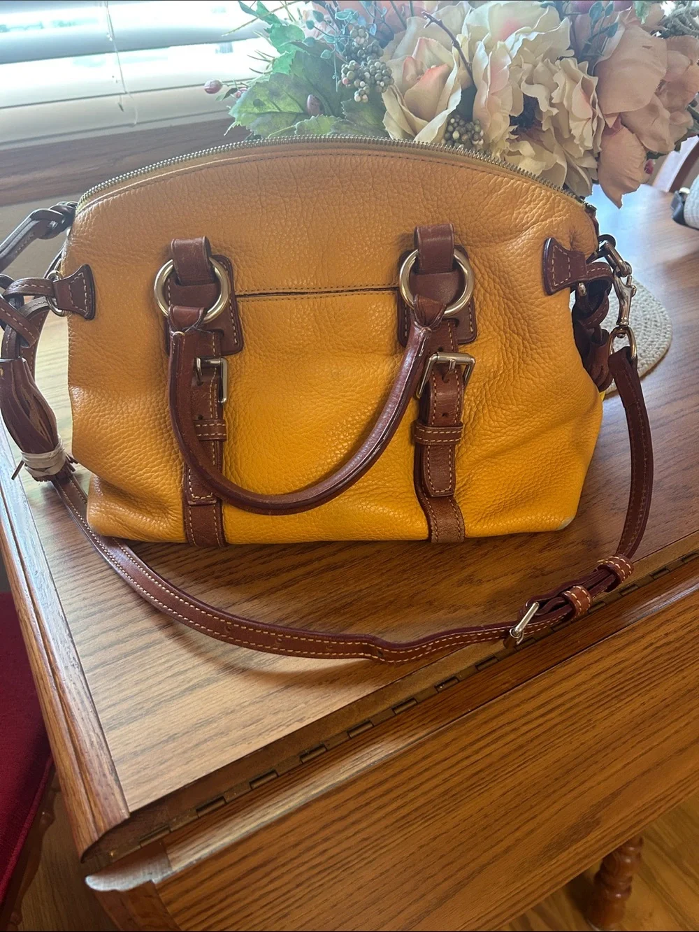 Dooney & Bourke Yellow Leather Satchel with Brown Trim and Strap